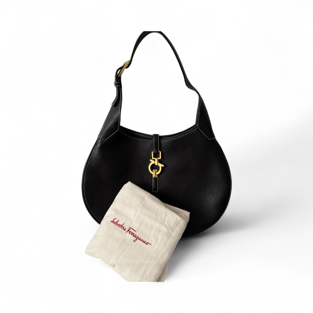 Salvatore Ferragamo Black Hobo Bag with Gold Accent
